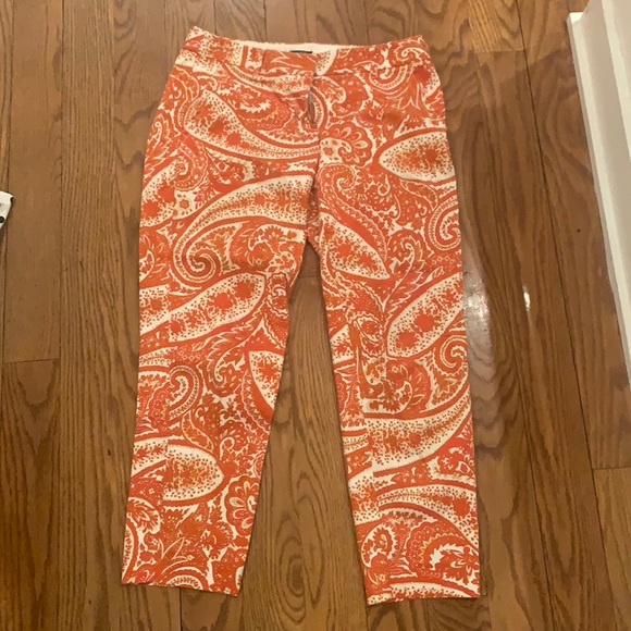 J Crew Women’s Ankle Pant in Orange Paisley Size 2 City Fit Stretch - Picture 1 of 3